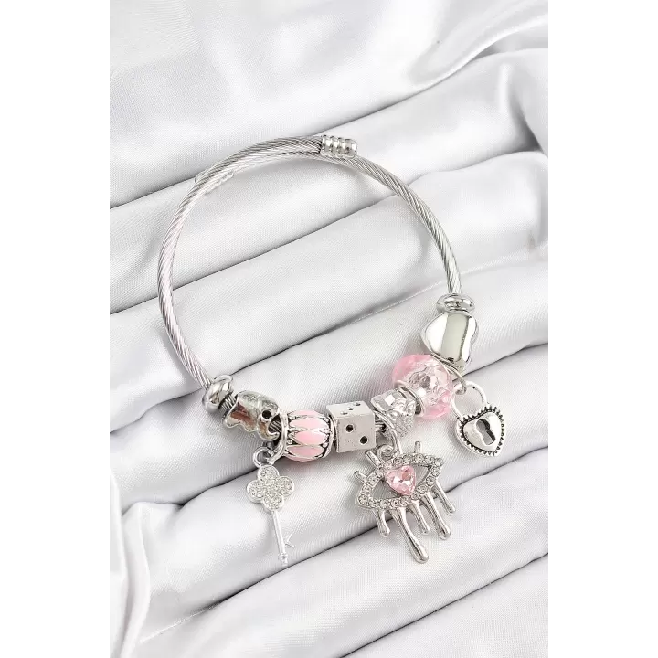 316L Çelik Pembe Zirkon Taşlı Göz Kilit Ve Anahtar Model Gümüş Renk Charm Bileklik