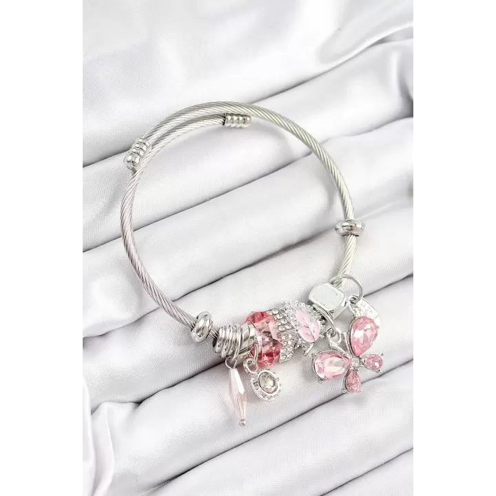 316L Çelik Pembe Zirkon Taşlı Kelebek Model Gümüş Renk Charm Bileklik