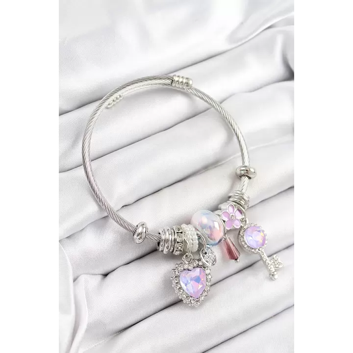 316L Çelik Pembe Zirkon Taşlı Yıldız Anahtar Ve Kalp Model Gümüş Renk Charm Bileklik