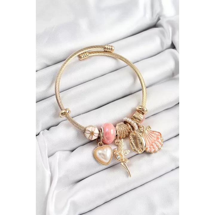 316L Çelik Pembe Zirkon Taşlı Yıldız Melek İstiridye Ve Kalp Model Gold Renk Charm Bileklik
