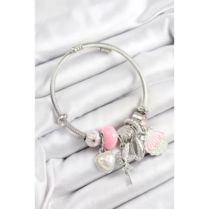 316L Çelik Pembe Zirkon Taşlı Yıldız Melek İstiridye Ve Kalp Model Gümüş Renk Charm Bileklik