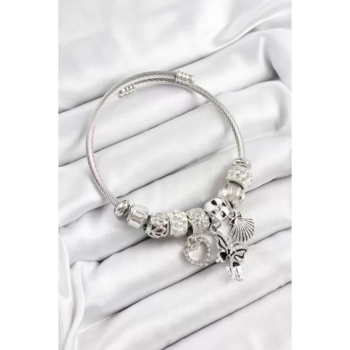316L Çelik Siyah Zirkon Taşlı Kalp Kelebek Ve İstiridye Model Gümüş Renk Charm Bileklik