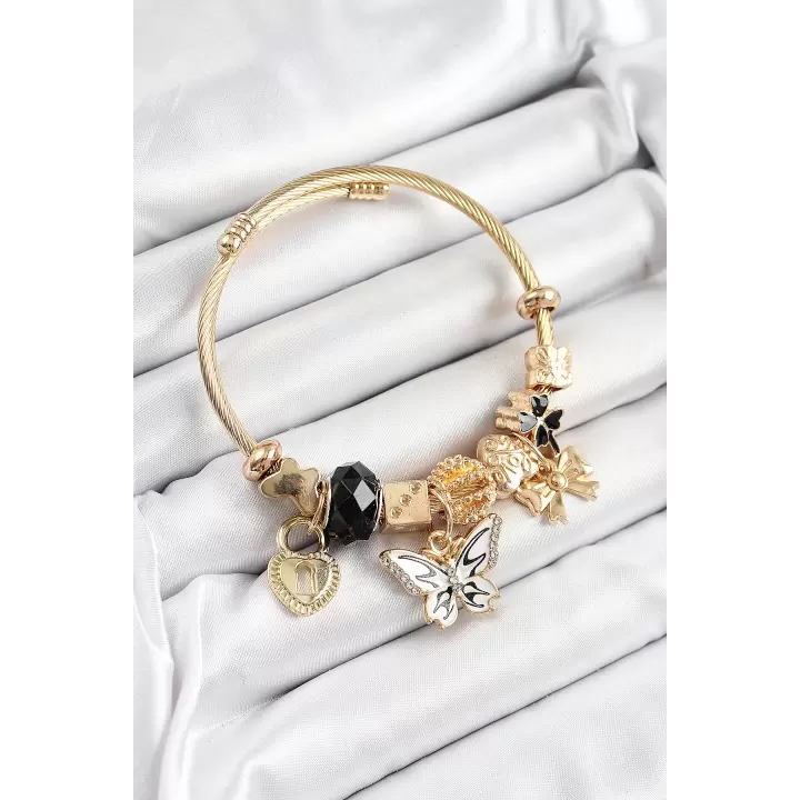 316L Çelik Siyah Zirkon Taşlı Kelebek Fiyonk Ve Kilit Model Gold Renk Charm Bileklik