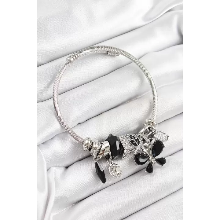 316L Çelik Siyah Zirkon Taşlı Yıldız Kelebek Model Gümüş Renk Charm Bileklik