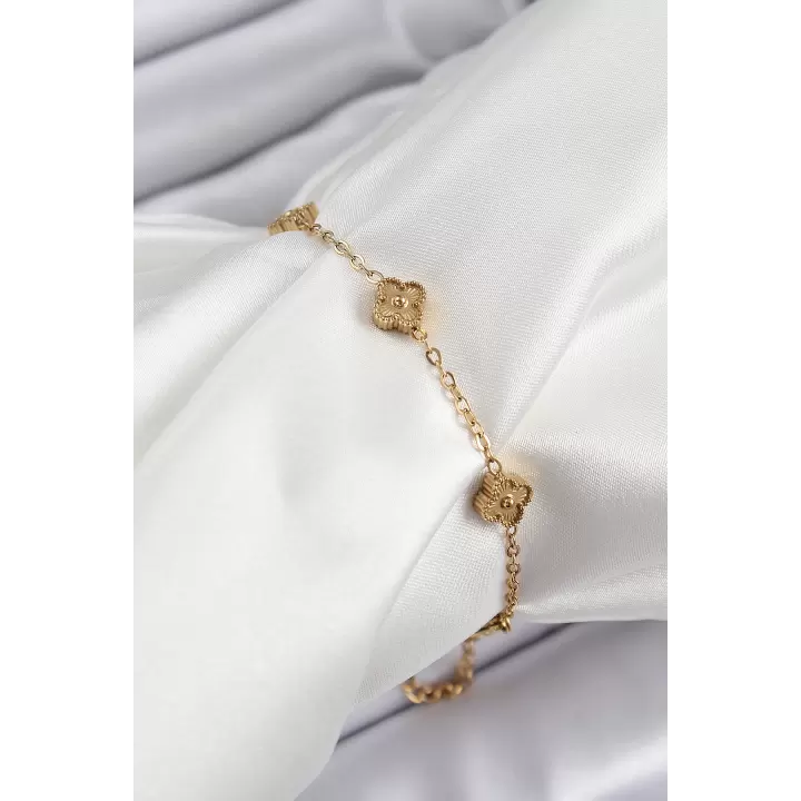 316L Çelik Yonca Model Gold Renk Kadın Bileklik