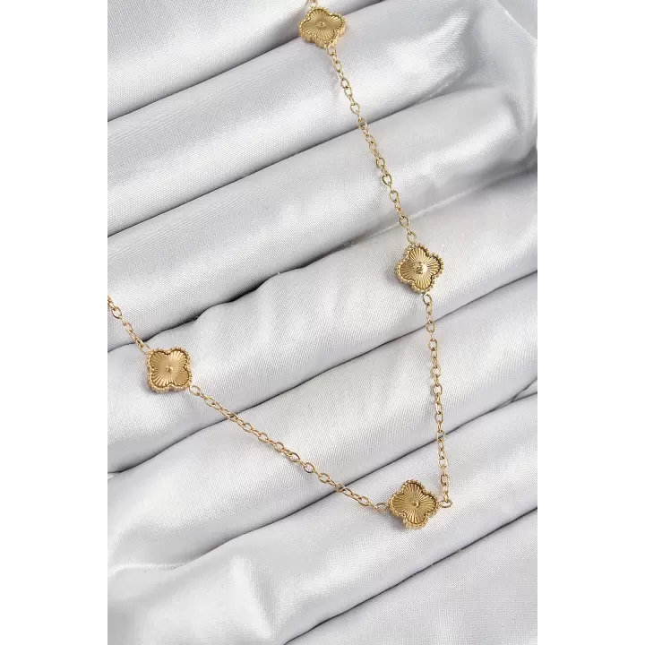 316L Çelik Yonca Model Gold Renk Kadın Kolye