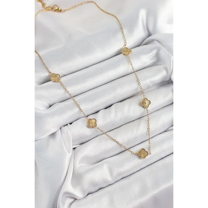 316L Çelik Yonca Model Gold Renk Kadın Kolye