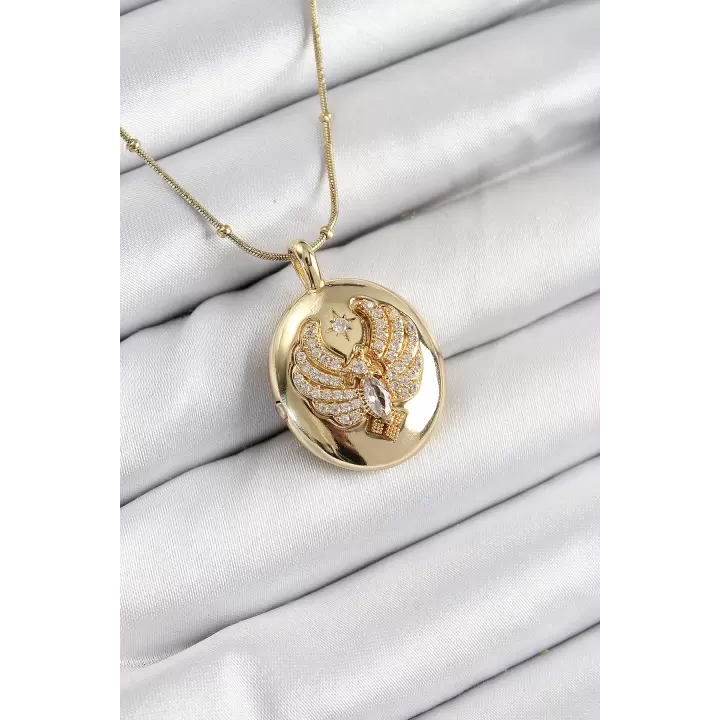 316L Çelik Zincir Açılabilir Anka Kuşu Model Zirkon Taşlı Gold Renk Kadın Kolye