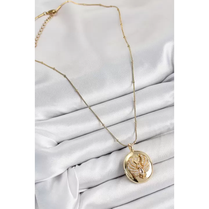 316L Çelik Zincir Açılabilir Anka Kuşu Model Zirkon Taşlı Gold Renk Kadın Kolye