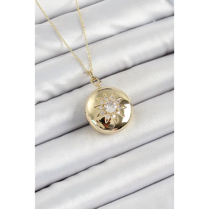 316L Çelik Zincir Açılabilir Madalyon Model Zirkon Taşlı Gold Renk Kadın Kolye