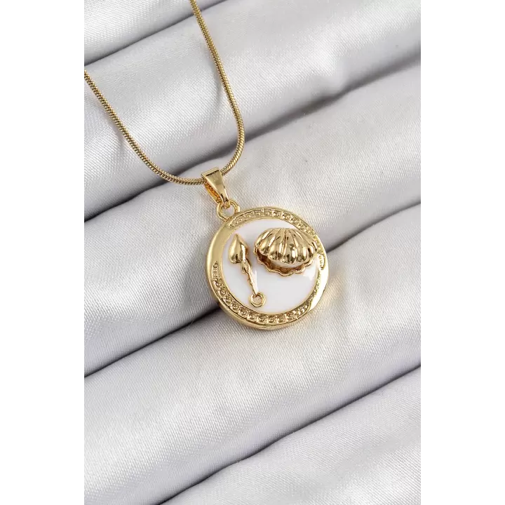 316L Çelik Zincir Beyaz Mineli Sanatsal Portre İstiridye Model Gold Renk Kadın Kolye