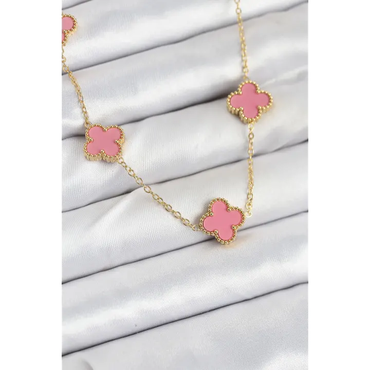 316L Çelik Zincir Gold Pembe Renk Yonca Kadın Kolye
