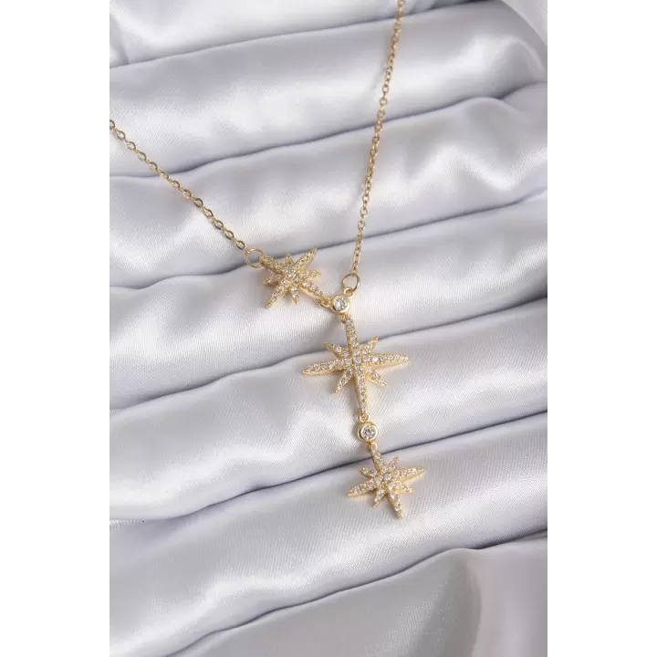 316L Çelik Zincir Gold Renk Zirkon Taşlı Kutup Yıldızı Model Kadın Kolye
