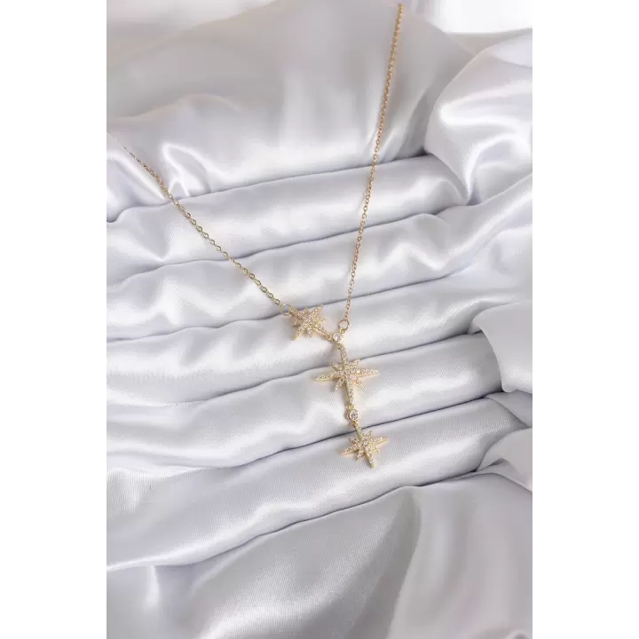 316L Çelik Zincir Gold Renk Zirkon Taşlı Kutup Yıldızı Model Kadın Kolye