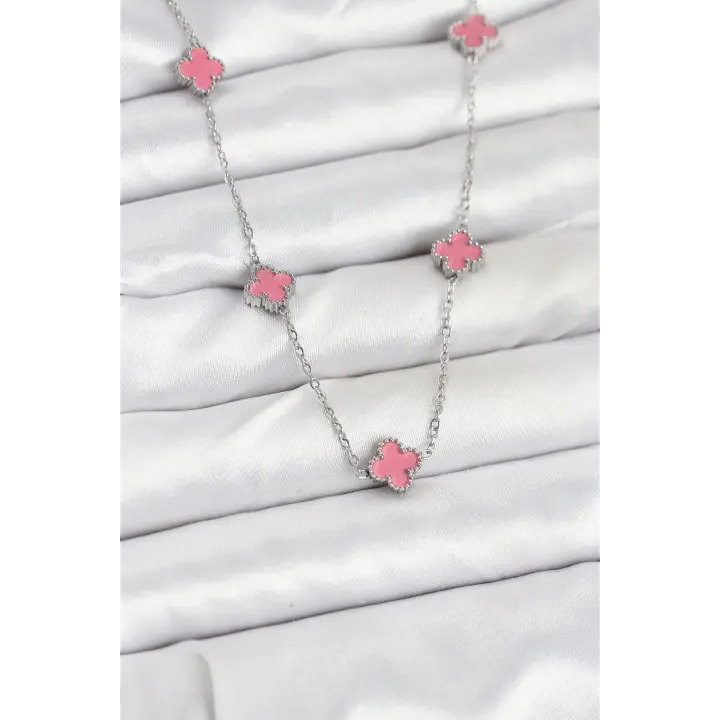316L Çelik Zincir Gümüş Renk Pembe Baby Boy Yonca Kadın Kolye