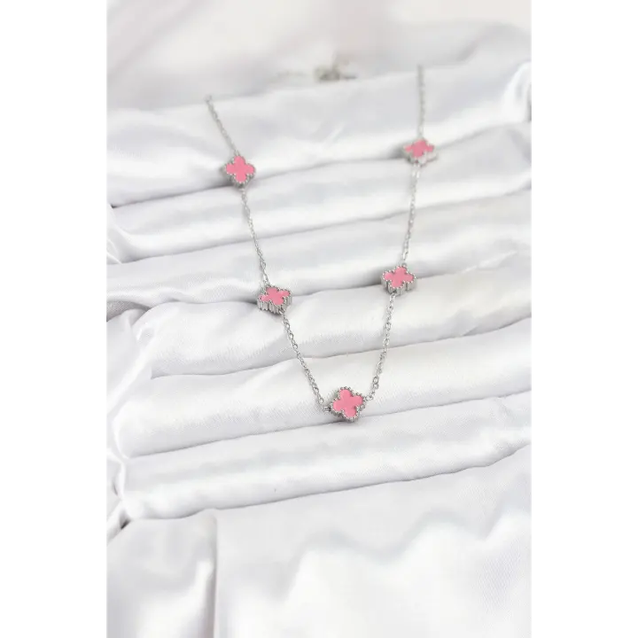 316L Çelik Zincir Gümüş Renk Pembe Baby Boy Yonca Kadın Kolye