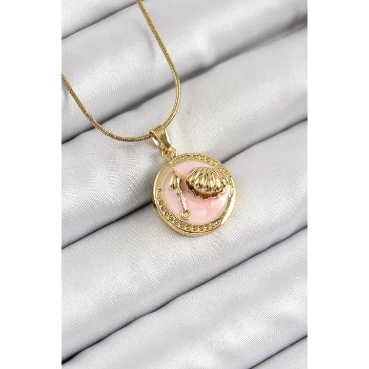 316L Çelik Zincir Pembe Mineli Sanatsal Portre İstiridye Model Gold Renk Kadın Kolye