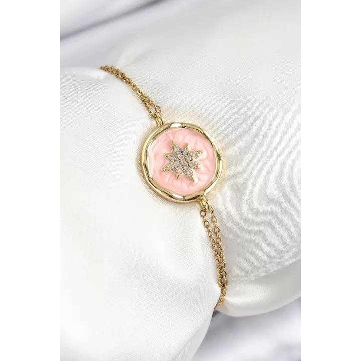 316L Çelik Zincir Pembe Mineli Sanatsal Portre Kuzey Yıldızı Model Gold Renk Kadın Bileklik