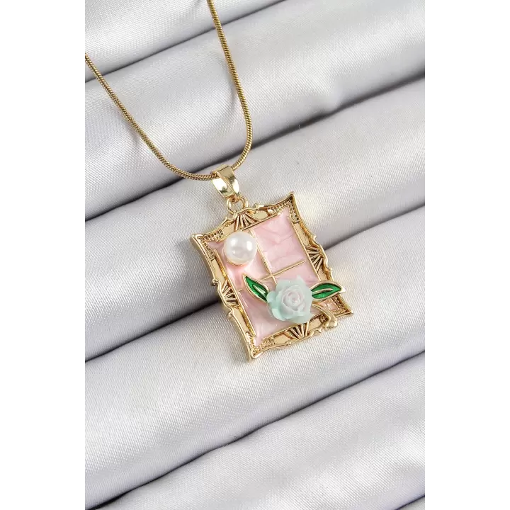 316L Çelik Zincir Pembe Sanatsal Portre İnci Detaylı Gül Figürlü Model Gold Renk Kadın Kolye