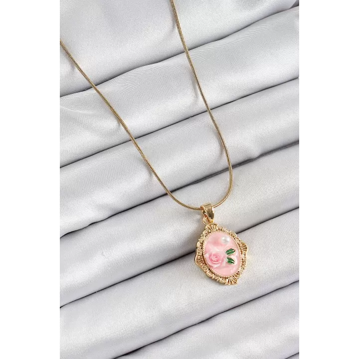 316L Çelik Zincir Pembe Sanatsal Portre İnci Detaylı Gül Figürlü Model Gold Renk Kadın Kolye