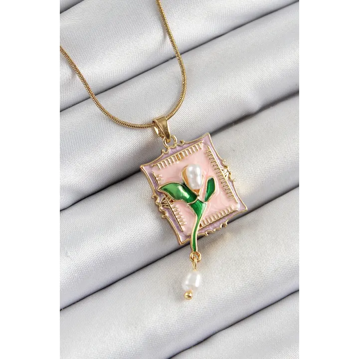 316L Çelik Zincir Pembe Sanatsal Portre Sallantılı İnci Detaylı Lale Model Gold Renk Kadın Kolye