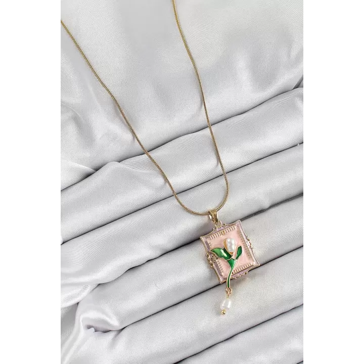 316L Çelik Zincir Pembe Sanatsal Portre Sallantılı İnci Detaylı Lale Model Gold Renk Kadın Kolye