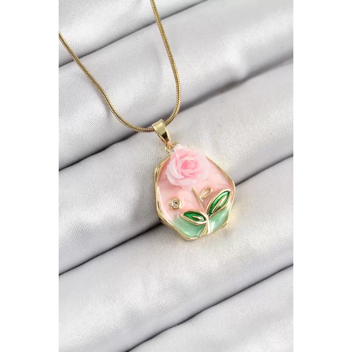 316L Çelik Zincir Zirkon Taşlı Pembe Sanatsal Portre Gül Figürlü Beşgen Model Gold Renk Kadın Kolye