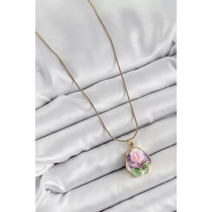316L Çelik Zincir Zirkon Taşlı Pembe Ve Mor Sanatsal Portre Gül Figürlü Beşgen Model Gold Renk Kadın Kolye