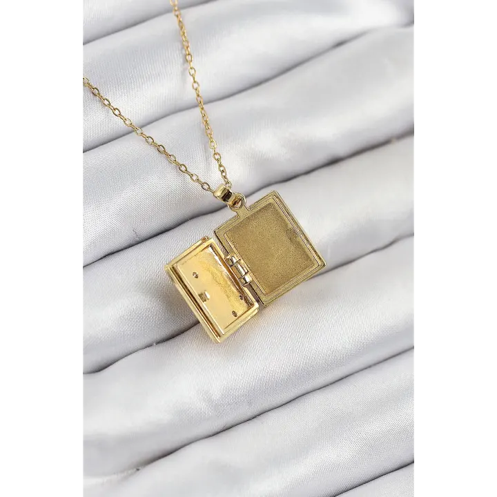 316L Çelik Zirkon Taşlı Açılabilr Kapaklı Kitap Model Gold Renk Kadın Kolye
