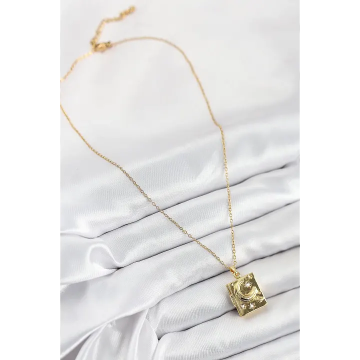316L Çelik Zirkon Taşlı Açılabilr Kapaklı Kitap Model Gold Renk Kadın Kolye