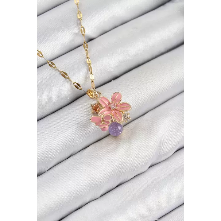 316L Çelik Zirkon Taşlı Arı Detaylı Pembe Çiçek Model Gold Renk Kadın Kolye