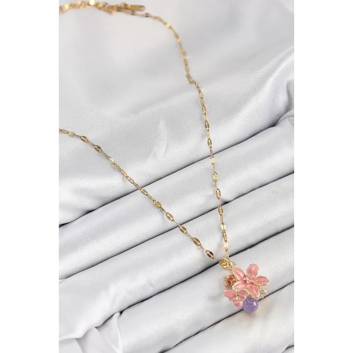 316L Çelik Zirkon Taşlı Arı Detaylı Pembe Çiçek Model Gold Renk Kadın Kolye