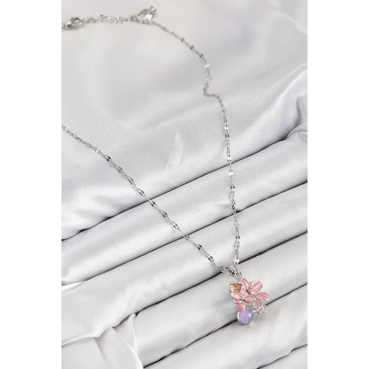 316L Çelik Zirkon Taşlı Arı Detaylı Pembe Çiçek Model Gümüş Renk Kadın Kolye