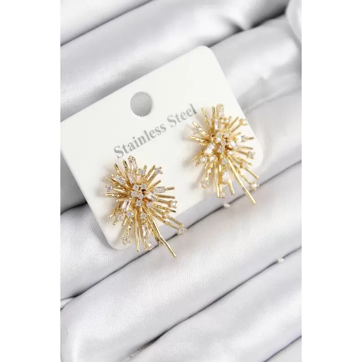 316L Çelik Zirkon Taşlı Aurora Işıltı Model Gold Renk Kadın Küpe