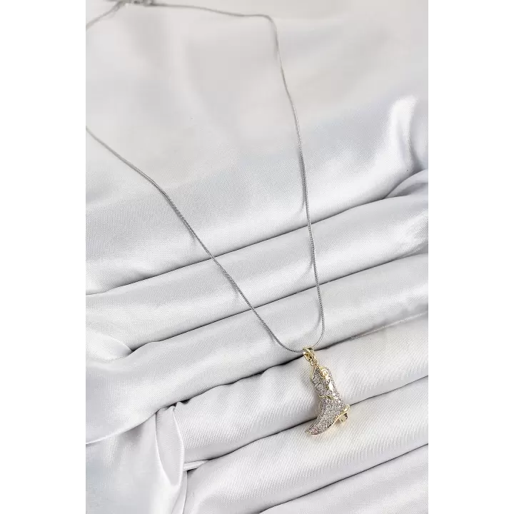316L Çelik Zirkon Taşlı Çizme Model Gümüş Renk Kadın Kolye