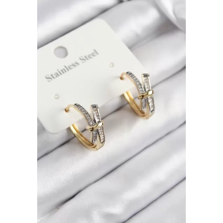 316L Çelik Zirkon Taşlı Düğüm Halka Model Gold Ve Gümüş Renk Kadın Küpe
