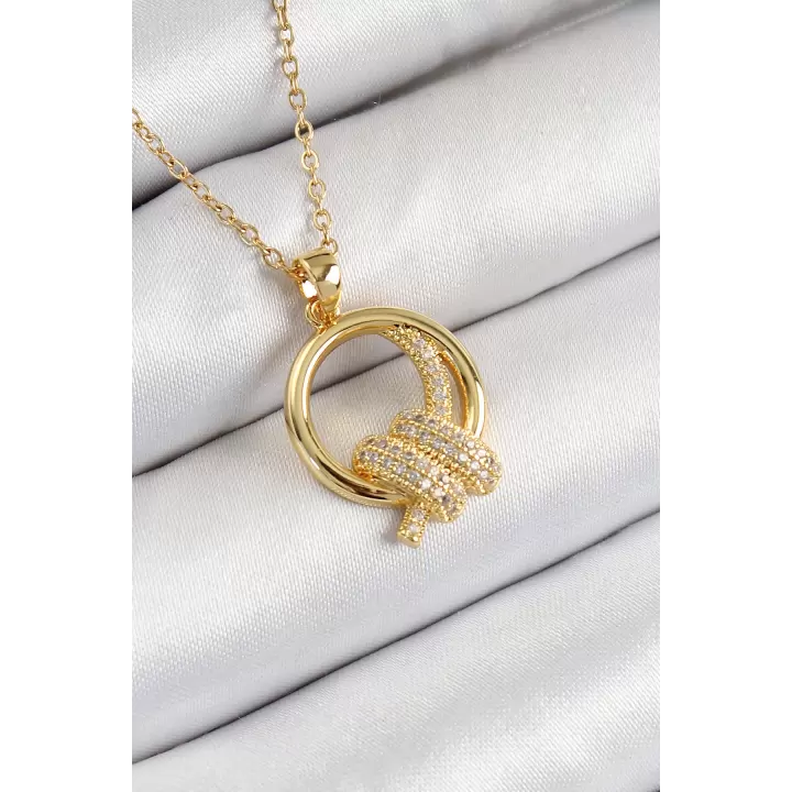 316L Çelik Zirkon Taşlı Düğüm Model Gold Renk Kadın Kolye