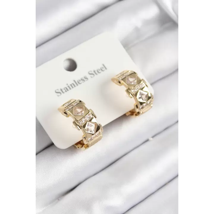 316L Çelik Zirkon Taşlı Halka Model Gold Renk Kadın Küpe