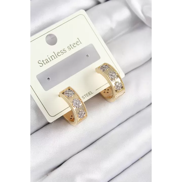 316L Çelik Zirkon Taşlı Halka Model Gold ve Gümüş Renk Kadın Küpe