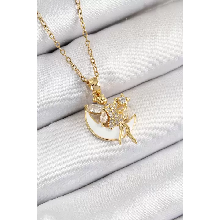 316L Çelik Zirkon Taşlı Hilal Melek Model Gold Renk Kadın Kolye
