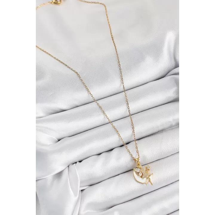 316L Çelik Zirkon Taşlı Hilal Melek Model Gold Renk Kadın Kolye