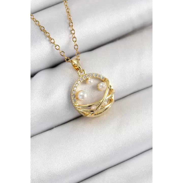 316L Çelik Zirkon Taşlı İnci Detaylı Halka Model Gold Renk Kadın Kolye