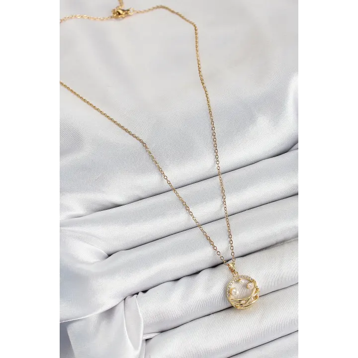 316L Çelik Zirkon Taşlı İnci Detaylı Halka Model Gold Renk Kadın Kolye