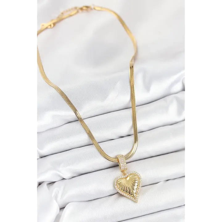 316L Çelik Zirkon Taşlı Kalp Model Gold Renk Kadın Kolye