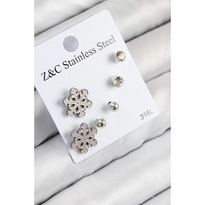 316L Çelik Zirkon Taşlı Kar Tanesi Model Gümüş Renk Kadın Set Küpe