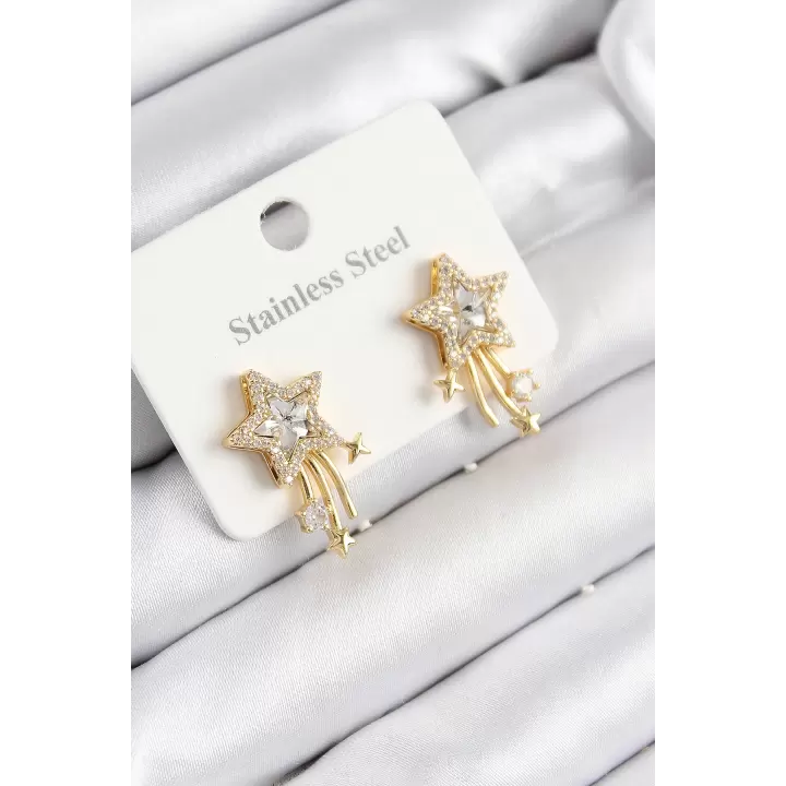 316L Çelik Zirkon Taşlı Kayan Yıldız Model Gold Renk Kadın Küpe