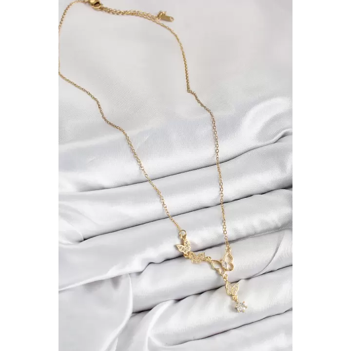 316L Çelik Zirkon Taşlı Kelebek Model Gold Renk Kadın Kolye
