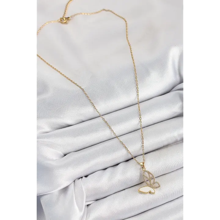 316L Çelik Zirkon Taşlı Kelebek Model Gold Renk Kadın Kolye