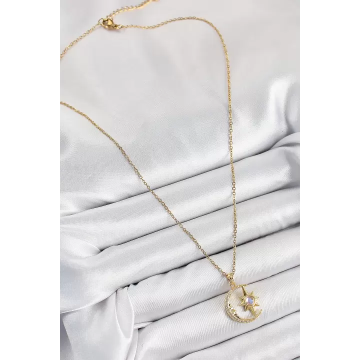 316L Çelik Zirkon Taşlı Kutup Yıldızlı Hilal Model Gold Renk Kadın Kolye