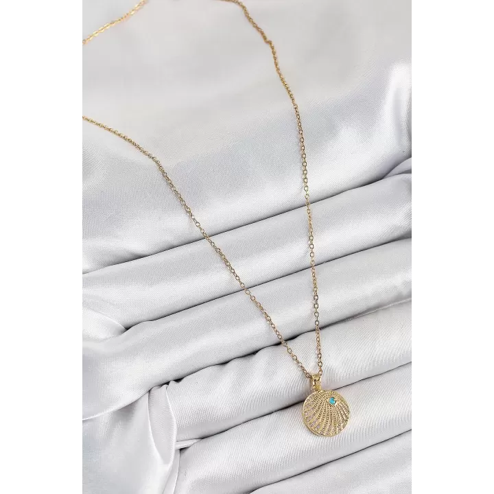 316L Çelik Zirkon Taşlı Madalyon Model Gold Renk Kadın Kolye